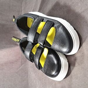 Dr. Martens Black Leather Double-Strap Platform Mary Jane Flats with White Sole